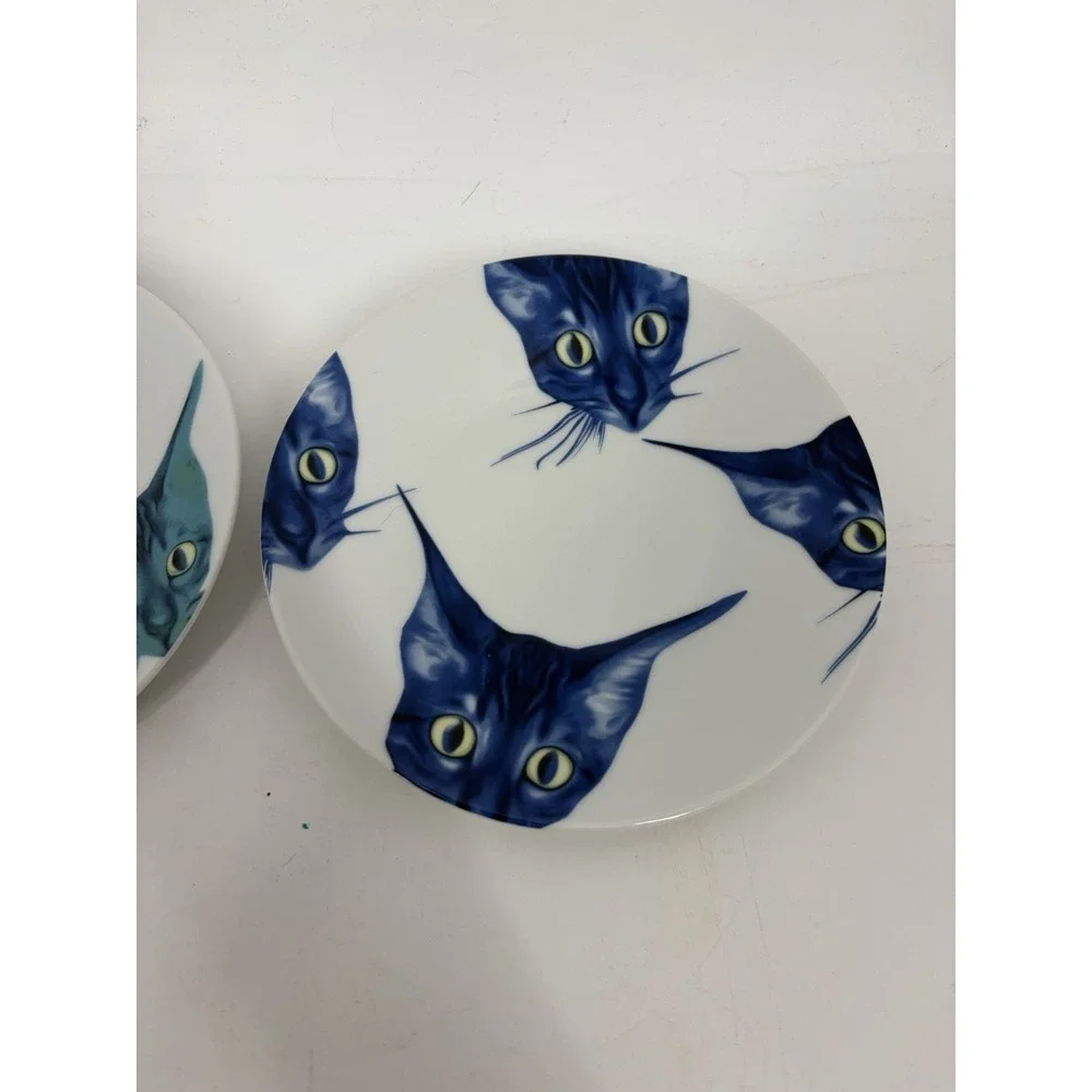 IKEA Katie Eary Designer Blue Cat Faces Breakfast Tea Cup & Saucer Mug 2016
